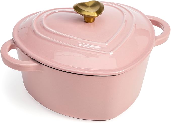 Enamelled cast iron Dutch oven heart-shaped pan with lid and double handles